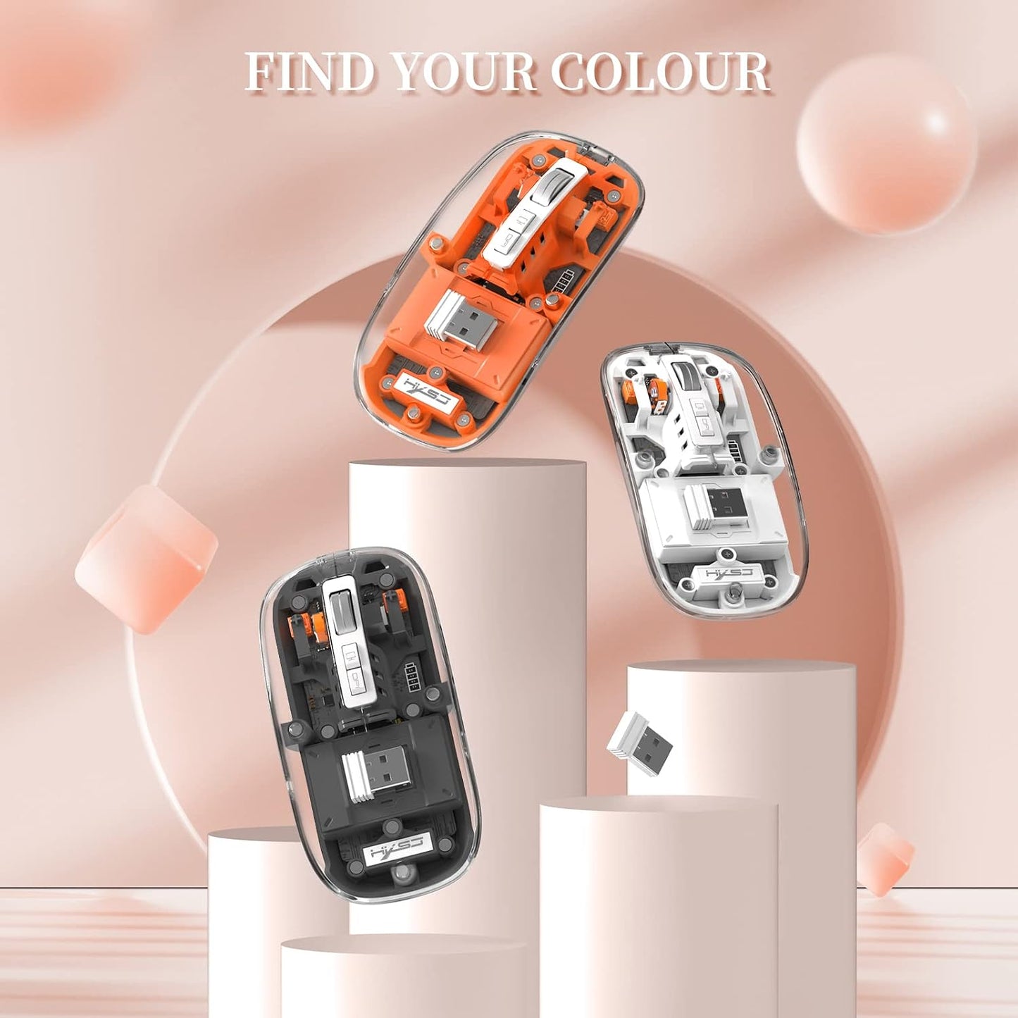 Wireless Bluetooth5.1&2.4G Mini Lightweight Mouse,Transparent Clear Cool,Rechargeable Silent Computer Mice,Nano USB C Receiver,Led Battery Magic Silm for Office/Pc/Mac/Laptop/Apple/Ipad(Orange)