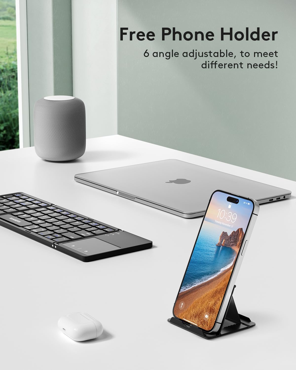 Foldable Bluetooth Keyboard with Touchpad - Portable Wireless Keyboard with Holder, Rechargeable Full Size Ultra Slim Pocket Folding Keyboards for Android Windows Ios Tablet & Laptop - Black