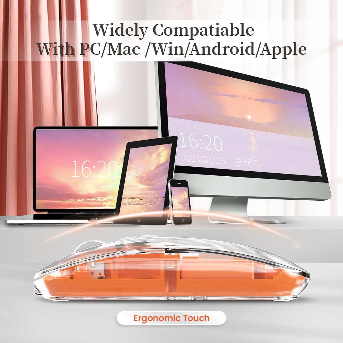 Wireless Bluetooth5.1&2.4G Mini Lightweight Mouse,Transparent Clear Cool,Rechargeable Silent Computer Mice,Nano USB C Receiver,Led Battery Magic Silm for Office/Pc/Mac/Laptop/Apple/Ipad(Orange)