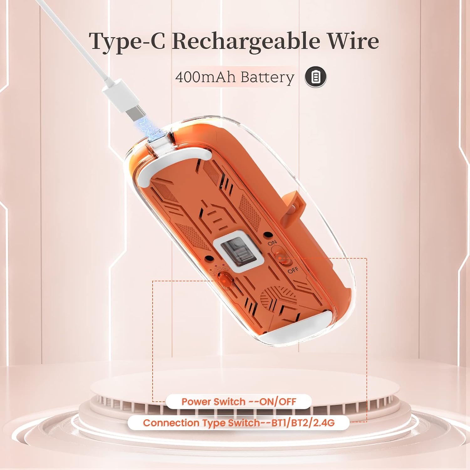 Wireless Bluetooth5.1&2.4G Mini Lightweight Mouse,Transparent Clear Cool,Rechargeable Silent Computer Mice,Nano USB C Receiver,Led Battery Magic Silm for Office/Pc/Mac/Laptop/Apple/Ipad(Orange)