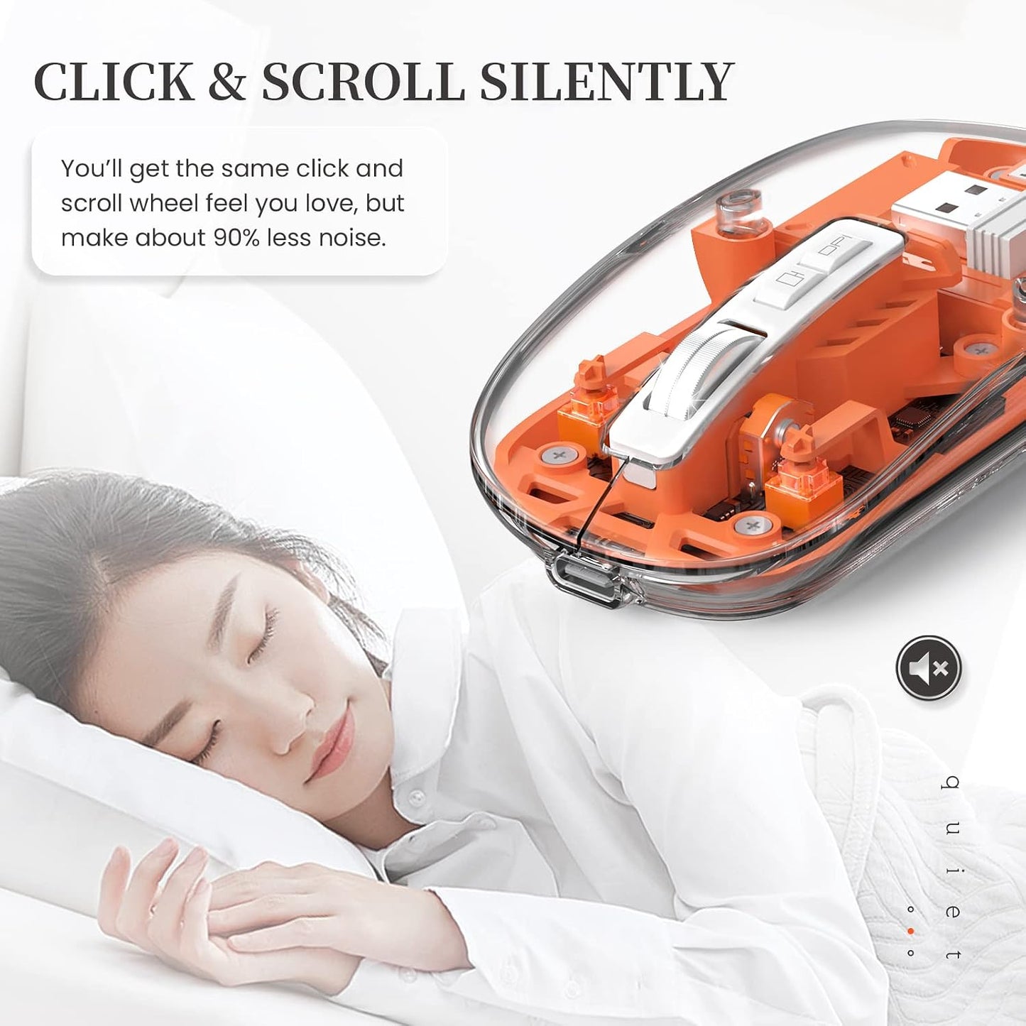 Wireless Bluetooth5.1&2.4G Mini Lightweight Mouse,Transparent Clear Cool,Rechargeable Silent Computer Mice,Nano USB C Receiver,Led Battery Magic Silm for Office/Pc/Mac/Laptop/Apple/Ipad(Orange)