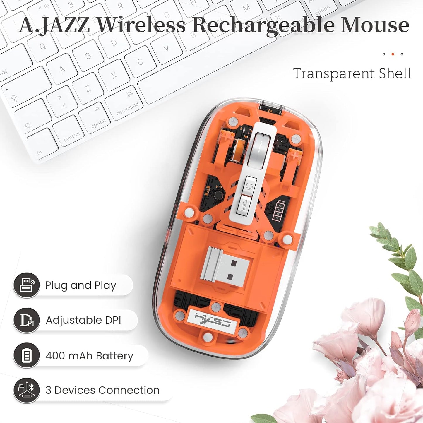 Wireless Bluetooth5.1&2.4G Mini Lightweight Mouse,Transparent Clear Cool,Rechargeable Silent Computer Mice,Nano USB C Receiver,Led Battery Magic Silm for Office/Pc/Mac/Laptop/Apple/Ipad(Orange)
