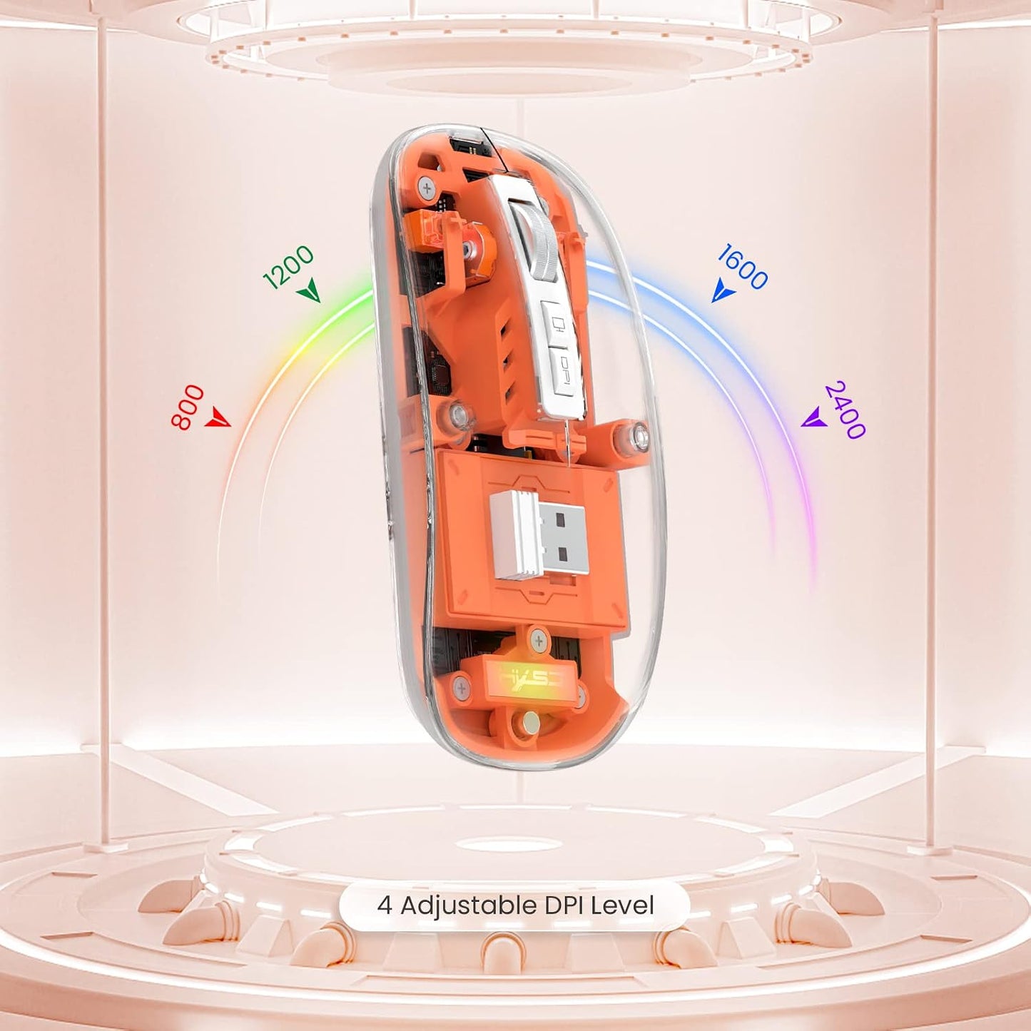 Wireless Bluetooth5.1&2.4G Mini Lightweight Mouse,Transparent Clear Cool,Rechargeable Silent Computer Mice,Nano USB C Receiver,Led Battery Magic Silm for Office/Pc/Mac/Laptop/Apple/Ipad(Orange)
