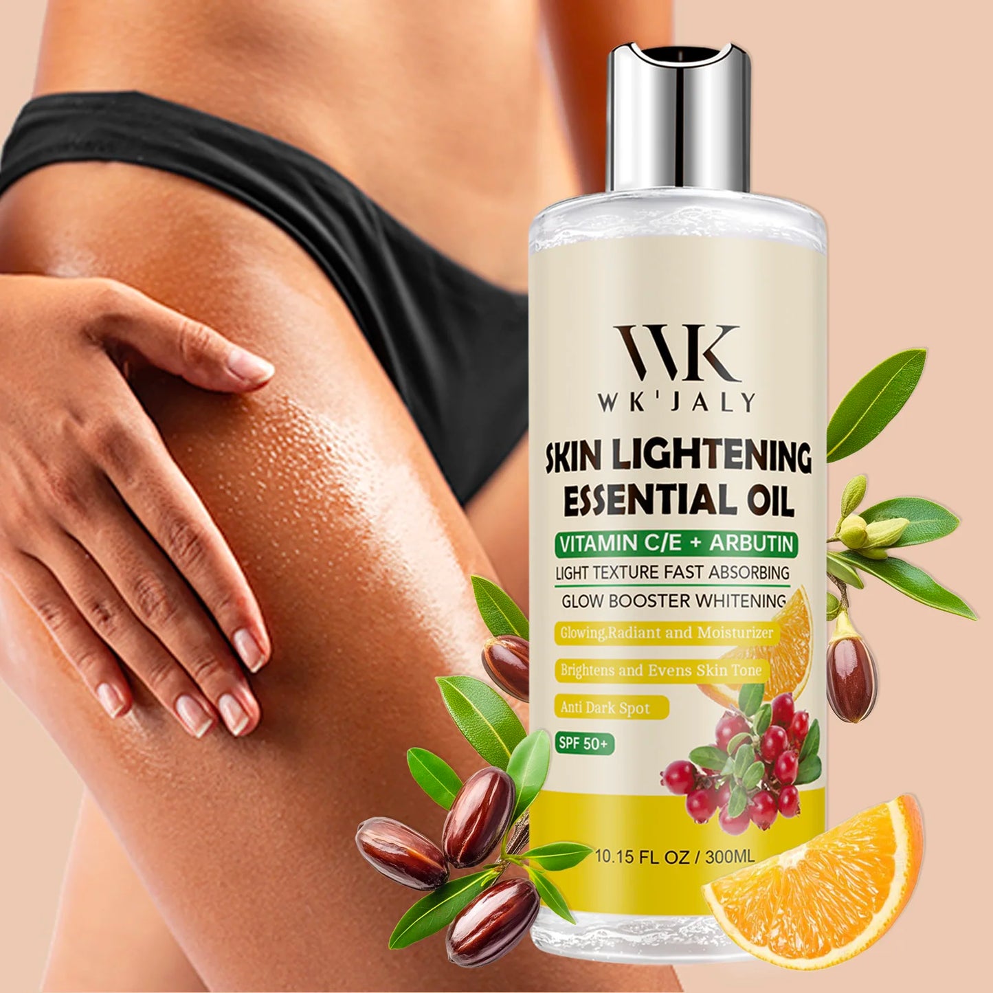 WK JALY Lightening Body Oil, Deeply Moisturizing, Hydration, Smooth Skin, Reduce Spots, Melanin, for Dark, Black, Caramel Skin
