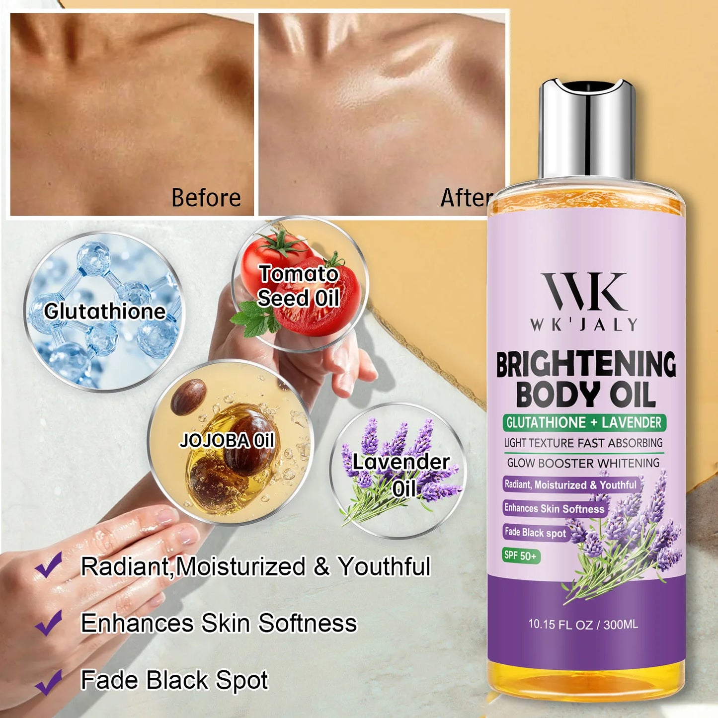 WK JALY Lightening Body Oil, Deeply Moisturizing, Hydration, Smooth Skin, Reduce Spots, Melanin, for Dark, Black, Caramel Skin
